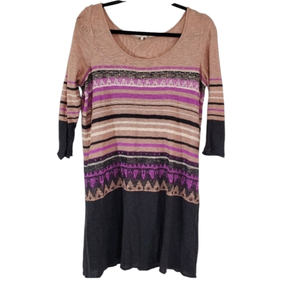 Free People Sweater Dress Med Fair Isle Knit Black Purple 3/4 Sleeve OVERSIZED - Picture 1 of 9
